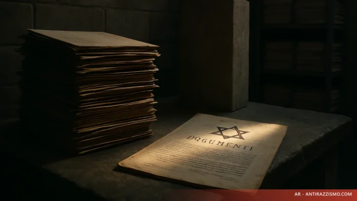 Illustrazione astratta con candela stilizzata e simbolo geometrico dedicato alla memoria contro l'antisemitismo