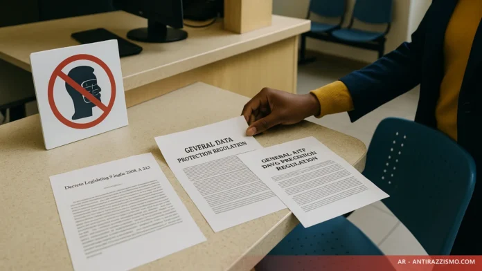 Illustrazione editoriale sul razzismo algoritmico e sulla discriminazione automatizzata nei sistemi digitali