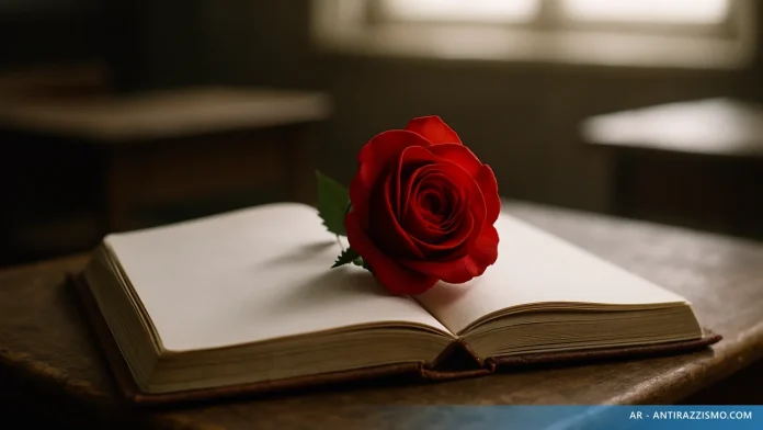 Bianca come il latte rossa come il sangue: rosa rossa su libro aperto su banco di scuola in legno, luce bianca da finestra
