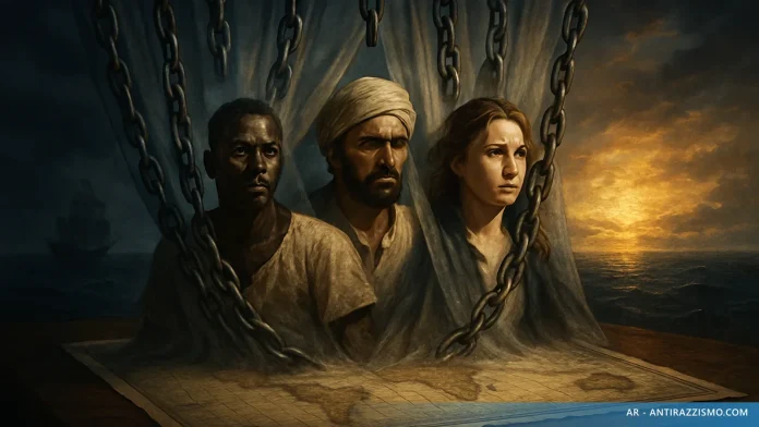 Persone diverse spezzano catene coloniali su una mappa antica: colonialismo e razzismo
