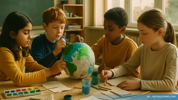 Aula scolastica: bambini intorno a un tavolo costruiscono insieme un mappamondo di cartapesta