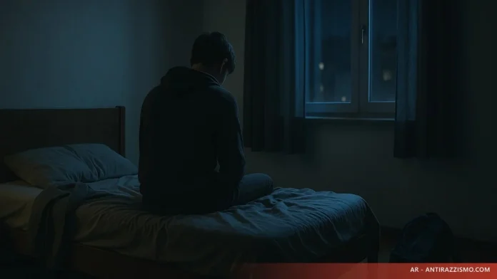 Adolescente di spalle sul letto di notte, luce urbana dalla finestra — isolamento dopo cyberbullismo