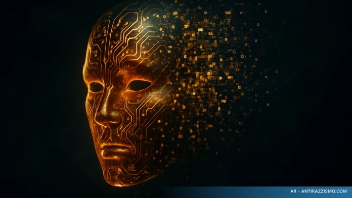 Maschera digitale di circuiti ambra che si dissolve in pixel — metafora del deepfake e del furto di identità
