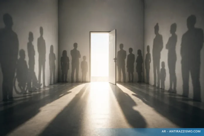 Ombre di persone, inclusa una carrozzina, su pareti illuminate da una porta aperta: discriminazioni basate sulla disabilità ancora invisibili
