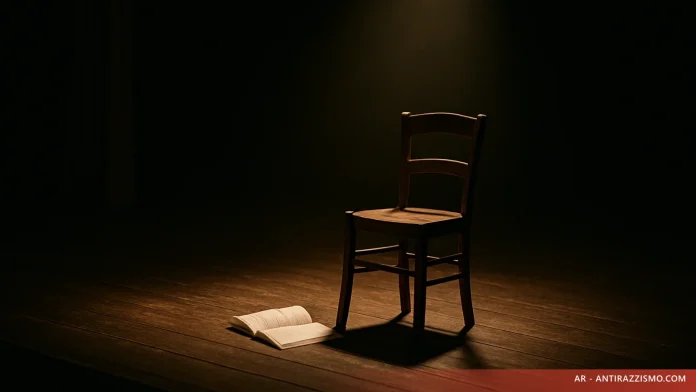 Palco di teatro vuoto: sedia e copione aperto sotto una luce di scena