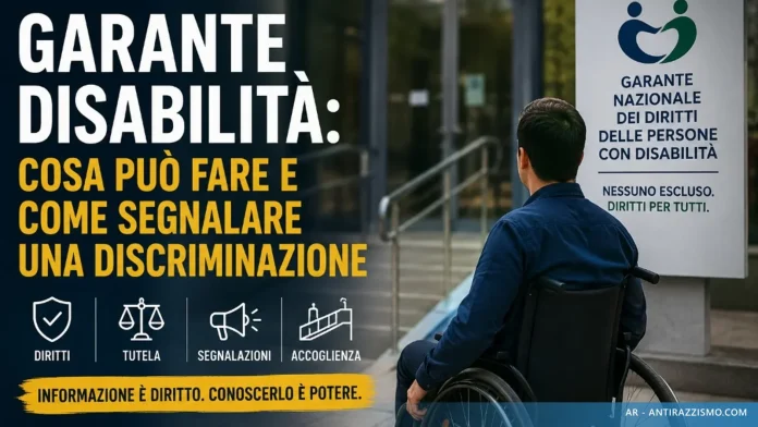 Persona in carrozzina davanti alla sede del Garante nazionale dei diritti delle persone con disabilità