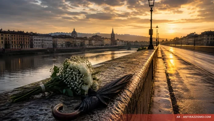 Ponte Vespucci a Firenze: fiori e ombrello in memoria di Idy Diene