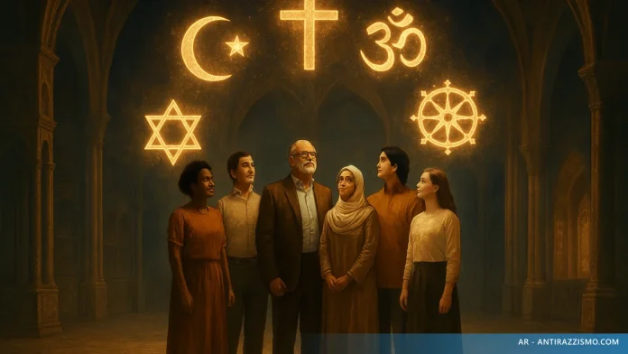 Persone diverse sotto simboli religiosi luminosi: libertà religiosa e convivenza