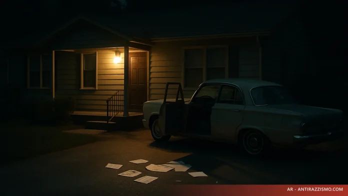 Casa nel Mississippi di notte: auto con portiera aperta e documenti a terra, memoria di Medgar Evers