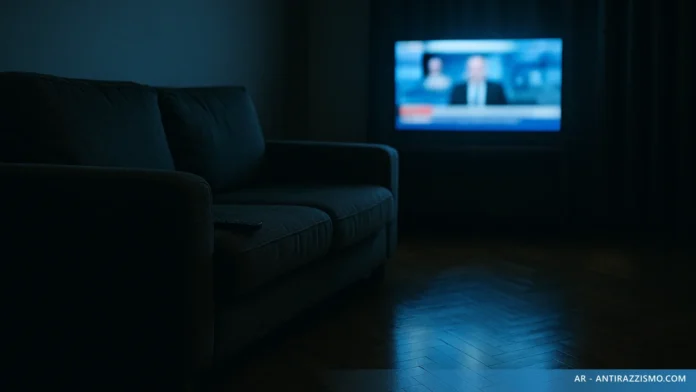 Divano vuoto illuminato dalla luce fredda del televisore, metafora delle notizie senza volto sui migranti
