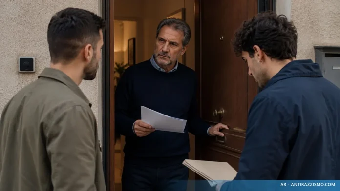 Due uomini alla porta di un appartamento: rifiuto silenzioso e discriminazione abitativa