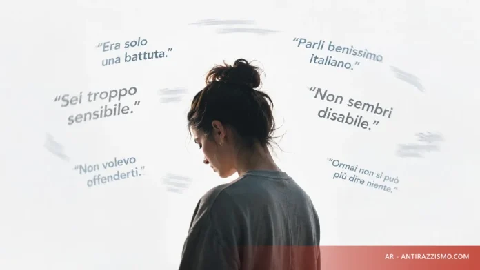 Donna di profilo con frasi apparentemente innocue che ruotano intorno alla testa: era solo una battuta, sei troppo sensibile, parli benissimo italiano.