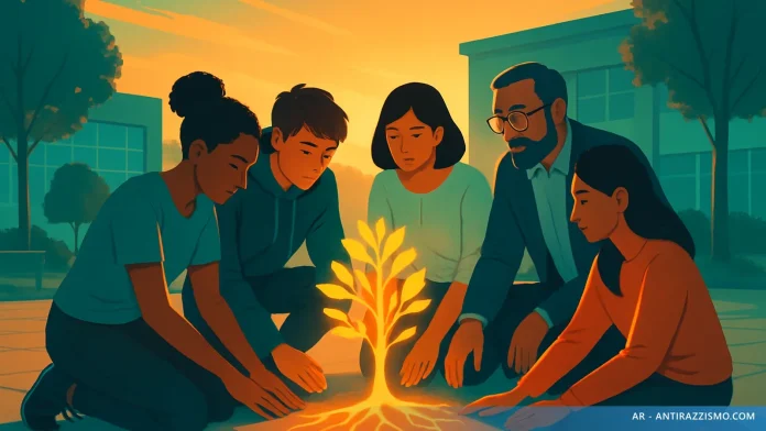 Gruppo diverso protegge un albero dorato: prevenzione bullismo e responsabilità collettiva