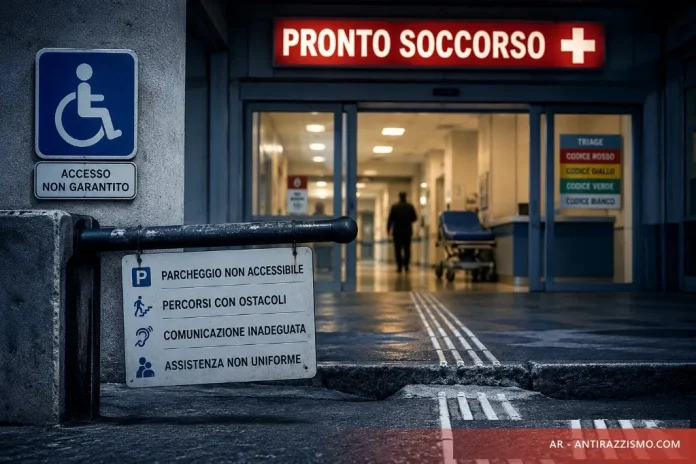 Ingresso di pronto soccorso di notte con segnaletica di barriere all accessibilita