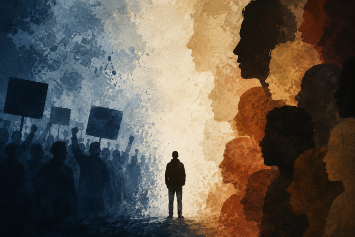 Illustrazione astratta sulle proteste contro gli immigrati, con una folla in ombra e profili umani che rappresentano paura, divisione e generalizzazione.