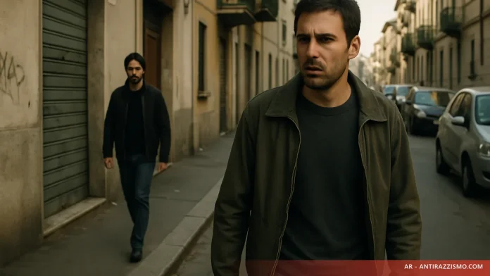 Persona seguita a distanza su un marciapiede urbano: stalking discriminatorio e vessatorio