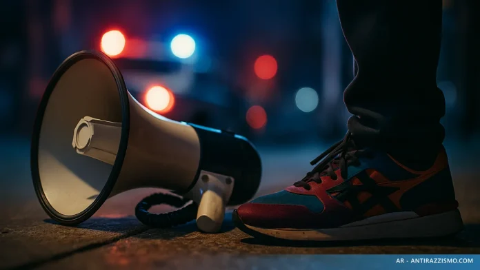 The hate u give: megafono e sneakers su marciapiede urbano, luci blu e rosse di volante sullo sfondo