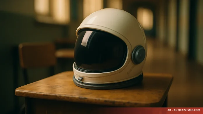 Wonder: casco da astronauta su banco di scuola in legno, luce calda da finestra di classe