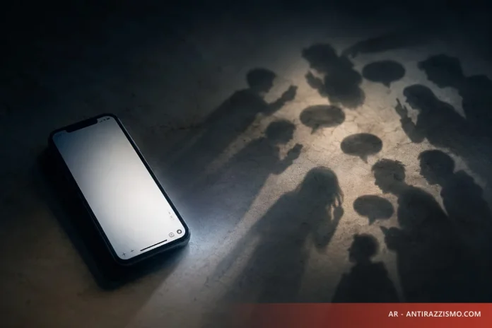 Smartphone acceso al buio: ombre di ragazzi e fumetti proiettati dalla chat, metafora del bullismo nella chat di classe