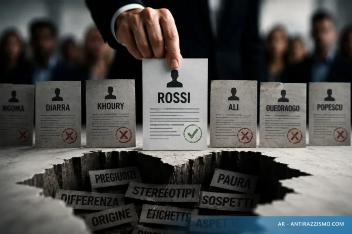 Selezione di curriculum: solo il cognome Rossi viene scelto, mentre altri cognomi sono scartati; sotto, pregiudizi e stereotipi.