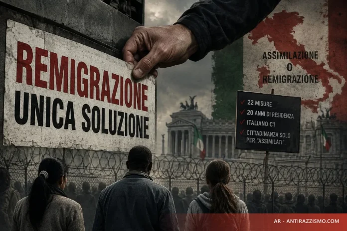 Persone di spalle davanti a un recinto con filo spinato, Vittoriano sullo sfondo e cartelli sulla remigrazione