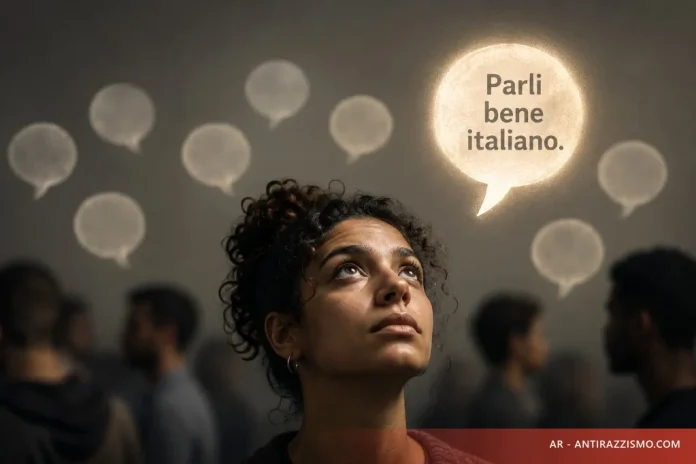 Donna che guarda un fumetto luminoso con la frase «Parli bene italiano», mentre altre bolle vuote fluttuano intorno.
