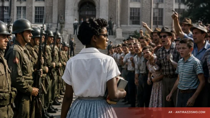 Ricostruzione: una studentessa nera cammina verso la scuola con i libri, tra soldati e una folla ostile, come Elizabeth Eckford a Little Rock nel 1957