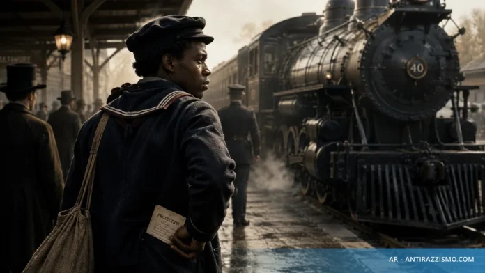 Ricostruzione: un giovane in abiti da marinaio su una banchina ferroviaria, con un documento di protezione in mano, come nella fuga di Frederick Douglass da Baltimora il 3 settembre 1838