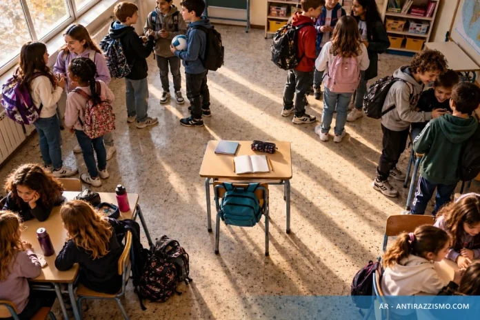Esclusione scolastica: un banco vuoto al centro della classe, mentre i compagni restano in gruppo