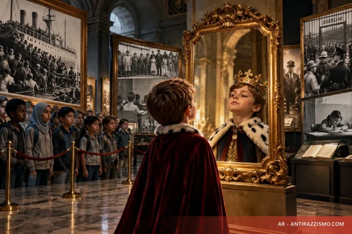 In un museo, un bambino con corona e mantello si specchia da solo, mentre altri bambini restano oltre un cordone: allegoria del nazionalismo escludente.