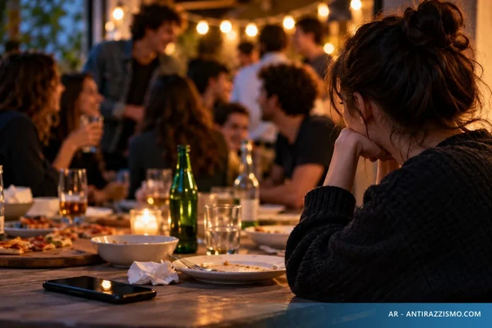 Donna di spalle a un tavolo di pizza, in disparte dal gruppo, con il telefono davanti e le luci della festa sullo sfondo